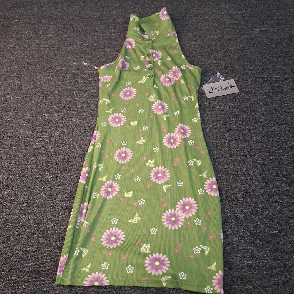 J for Justify Dress Womens Medium Green Floral Butterfly Halter Ribbed NEW